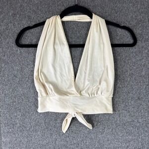 Vintage 70s Cream Stretch Nylon Halter Crop Top V-Neck Tie Back Disco S/M